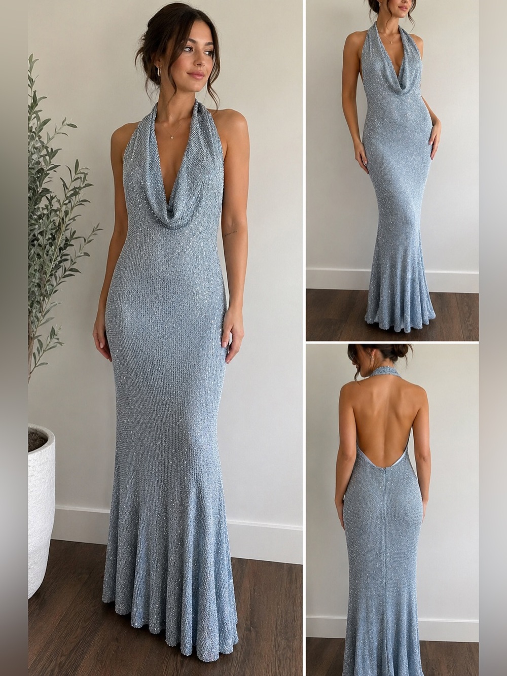 Jessica McClintock Blue Metallic Lurex Cowl Neck Halter Backless Maxi Dress XS S